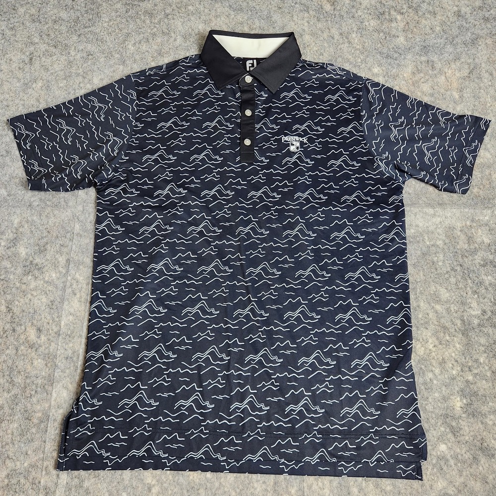 FootJoy FJ Polo Shirt Men M Black White Mountain Wave All Over Print Golf Preppy
